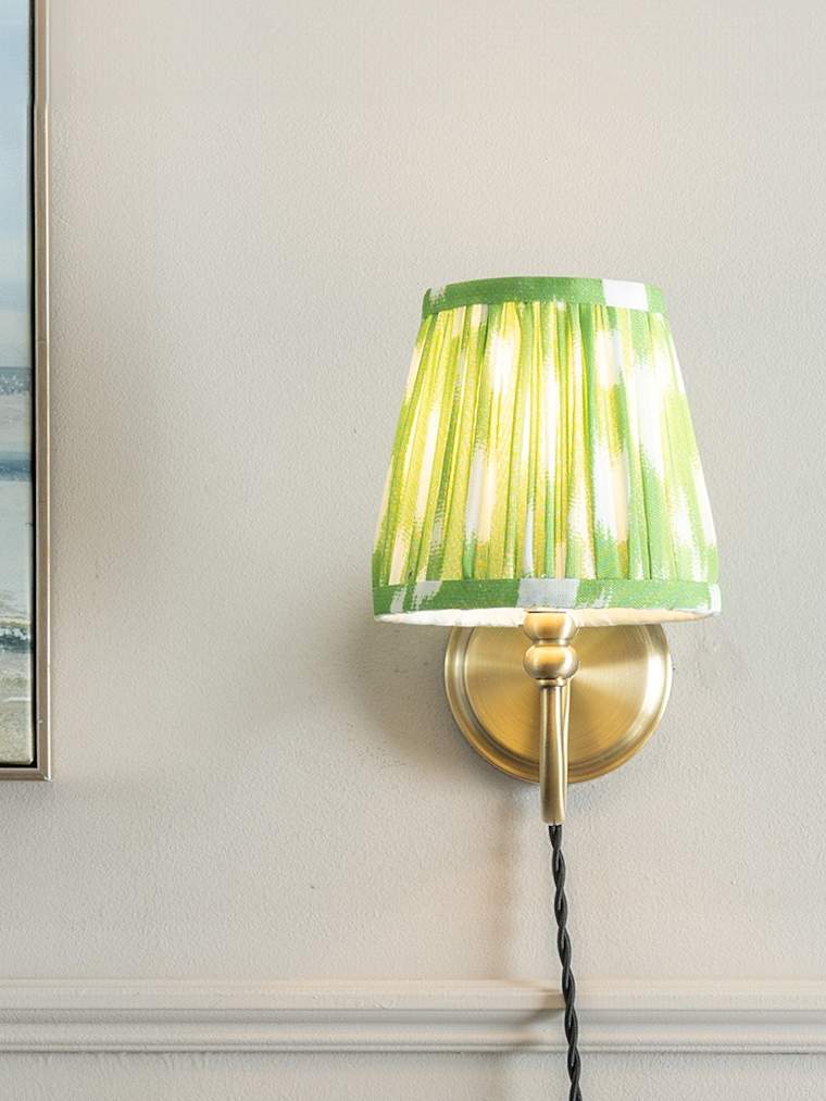 Antique Brass Plug-in Wall Light with Green Gathered Shade