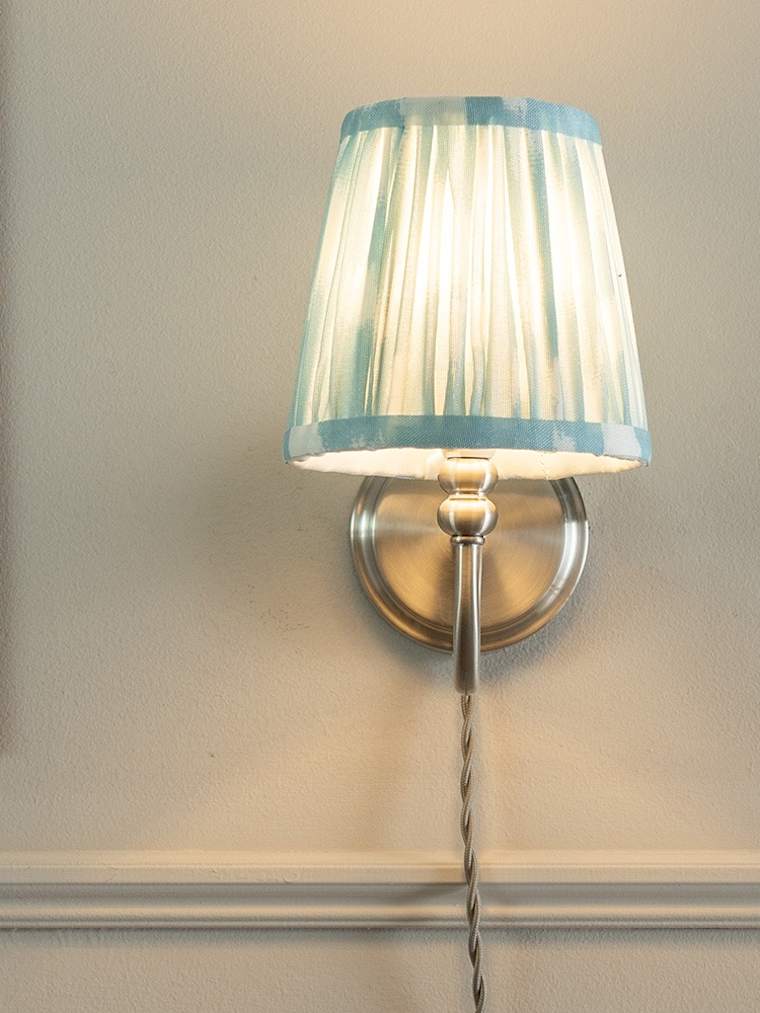 Brushed Chrome Plug-in Wall Light with Blue Gathered Shade