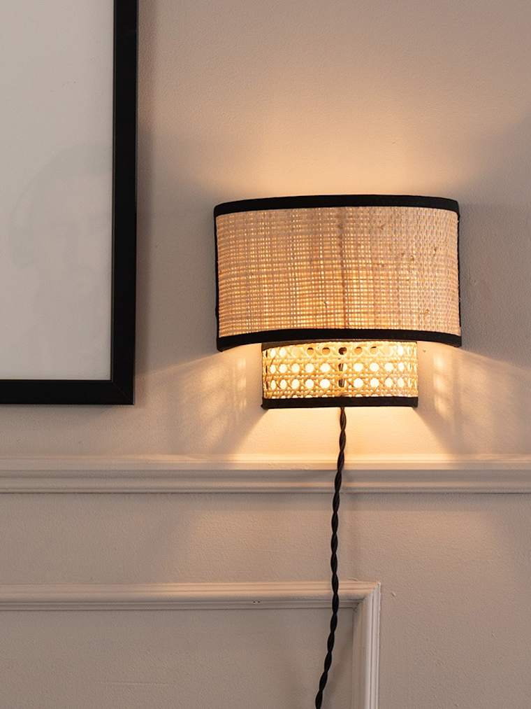 Plug-in Wall Light with Natural and Black Cane Shade