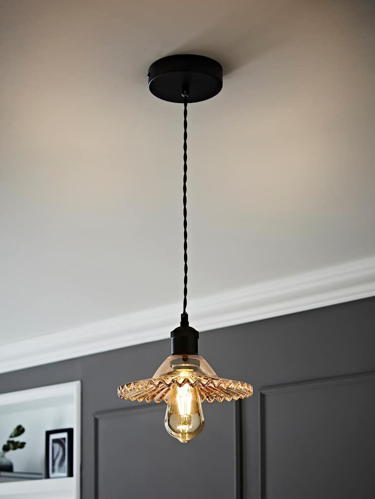 Black Pendant Ceiling Light with Frilled Amber Glass Shade