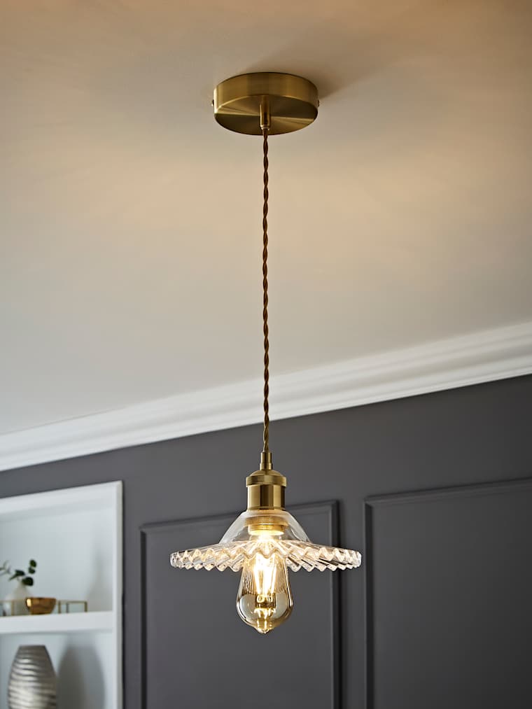 Gold Pendant Ceiling Light with Frilled Clear Glass Shade