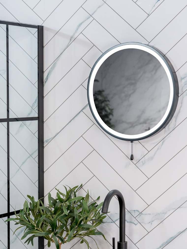 IP44 Matte Black Round LED Battery Operated Mirror with Pull Switch