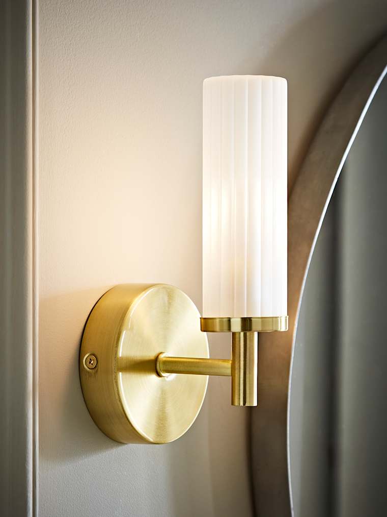 IP44 Gold Wall Light with Reeded Glass Shade