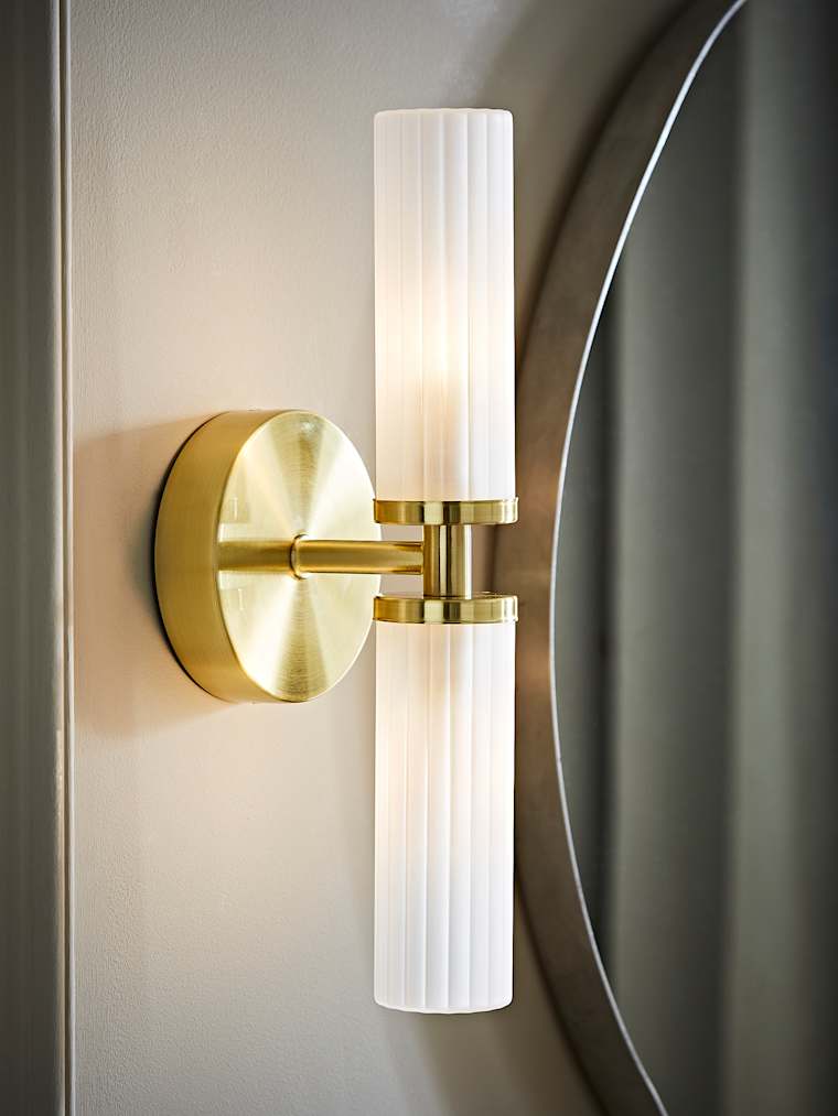 IP44 2-Way Gold Wall Light with Reeded Glass Shade