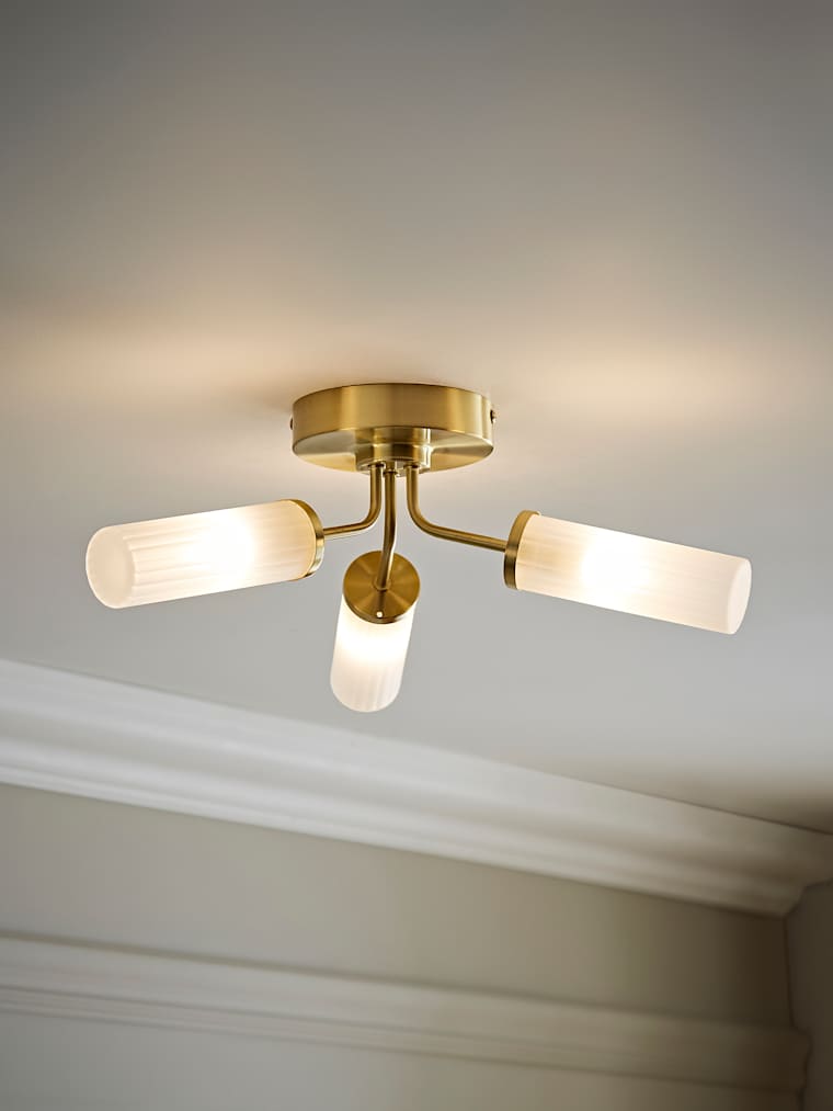 IP44 3-Way Gold Flush Ceiling Light with Reeded Glass Shades