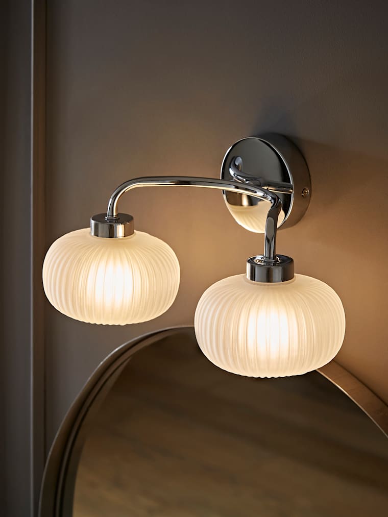 IP44 Chrome 2-Way Wall Light with Frosted Glass Shades