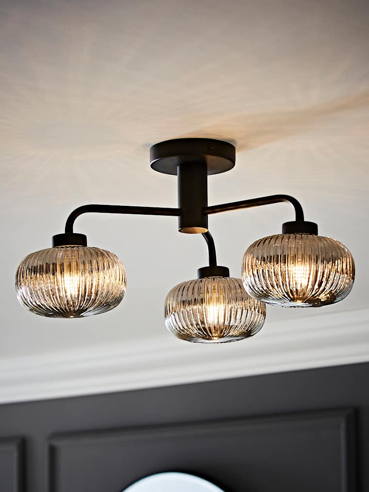 IP44 Matte Black 3-Way Semi Flush Ceiling Light with Smoked Glass Shades