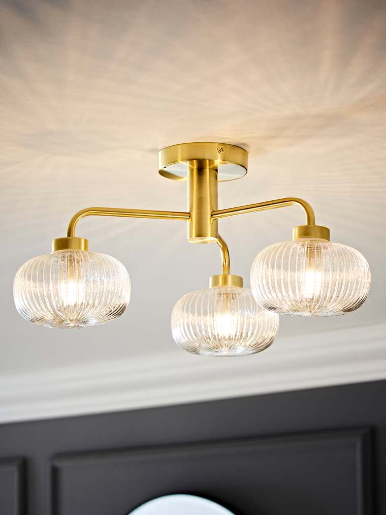 IP44 Gold 3-Way Semi Flush Ceiling Light with Clear Glass Shades