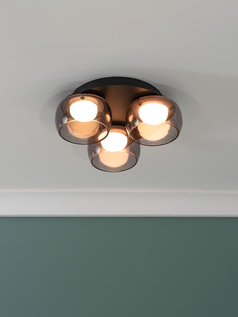 IP44 Matte Black 3-Way Flush Ceiling Light with Smoked Glass Shades