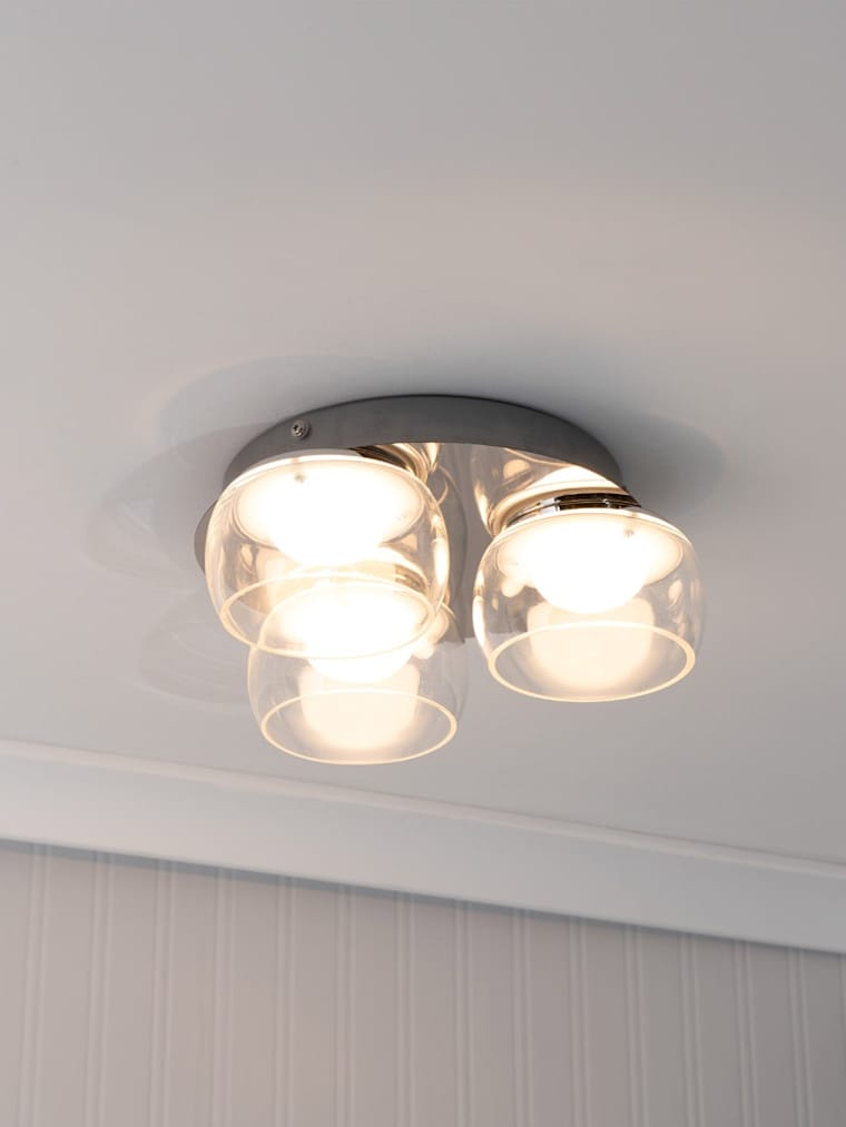 IP44 Chrome 3-Way Flush Ceiling Light with Clear Glass Shades