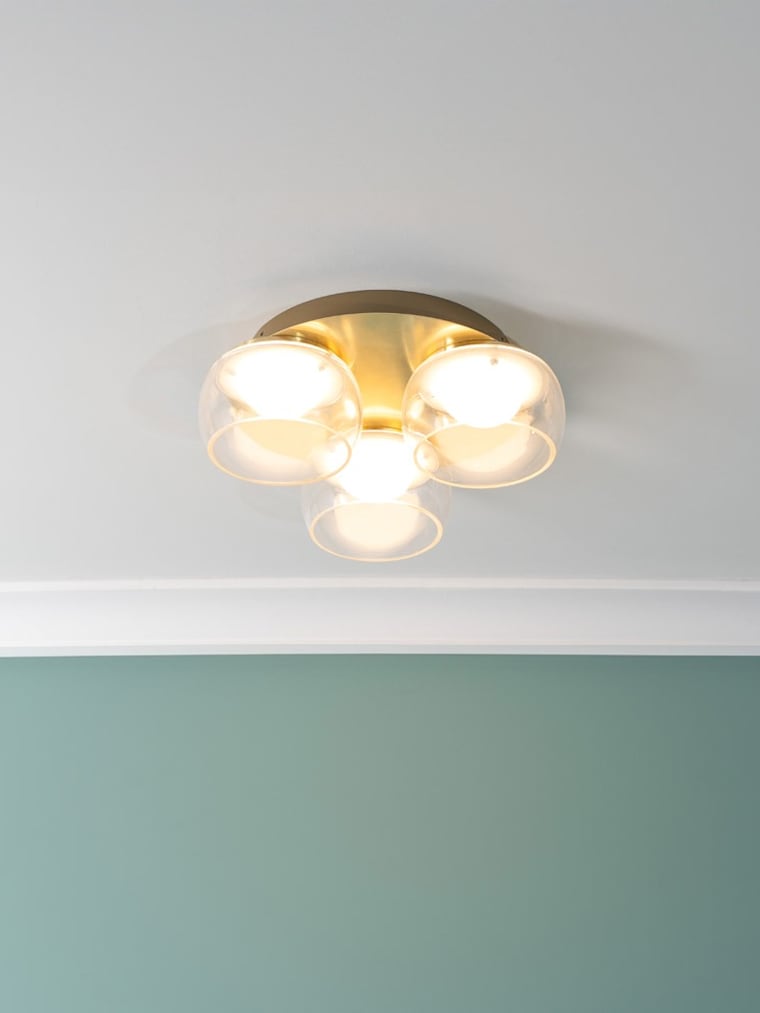 IP44 Gold 3-Way Flush Ceiling Light with Clear Glass Shades