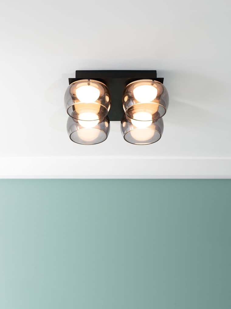 IP44 Matte Black 4-Way Flush Ceiling Light with Smoked Glass Shades