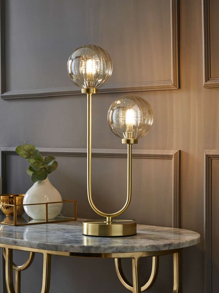 Brushed Gold and Ribbed Glass Shade 2-Way Table Lamp
