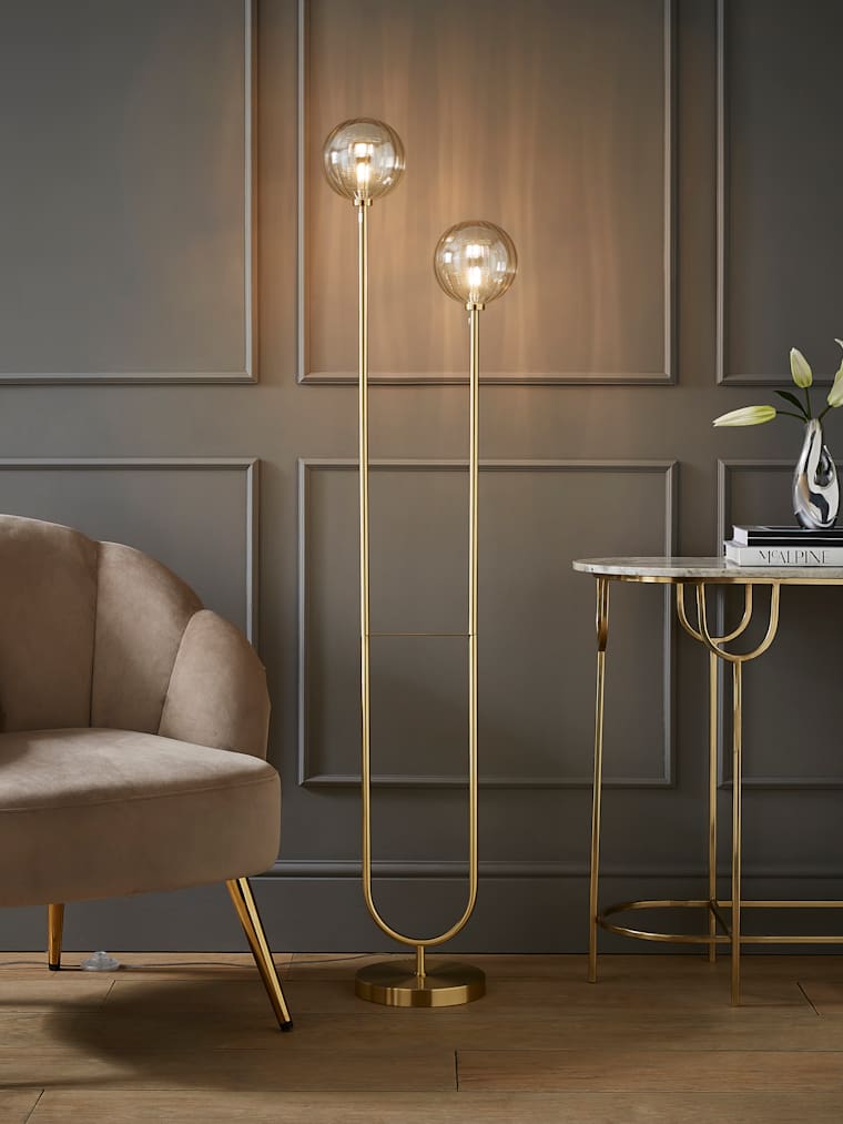 Brushed Gold and Ribbed Glass Shade 2-Way Floor Lamp