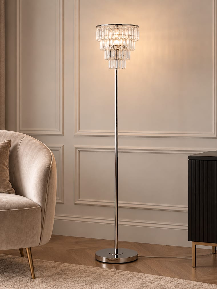 Chrome Floor Lamp with 3 Tier Droplet Pendant Shade