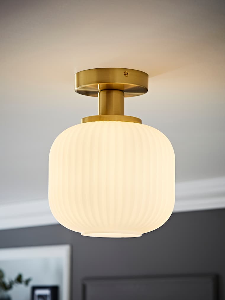 Brushed Gold Ribbed Glass Semi Flush Ceiling Light
