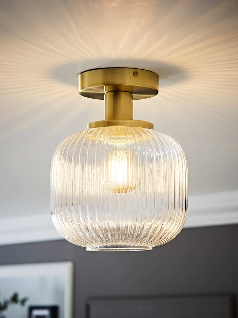 Brushed Gold Ribbed Glass Semi Flush Ceiling Light