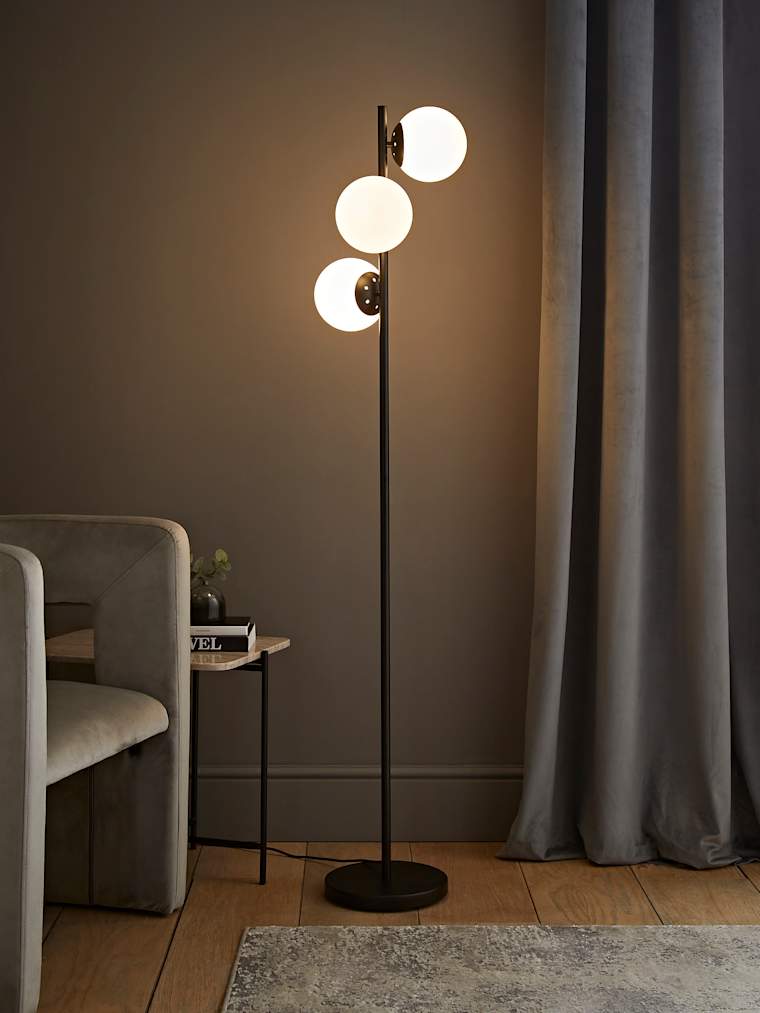Black 3-Way Floor Lamp with Glass Globe Shades