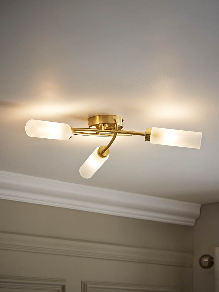 Brushed Gold 3-Way Flush Ceiling Light with Frosted Glass