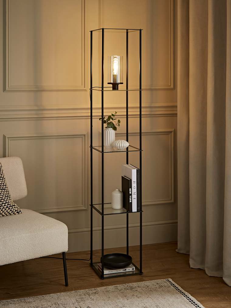 Black Clear Glass Shelved Floor Lamp