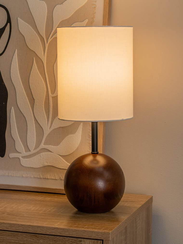 Dark Wood Ball Table Lamp with Linen Shade