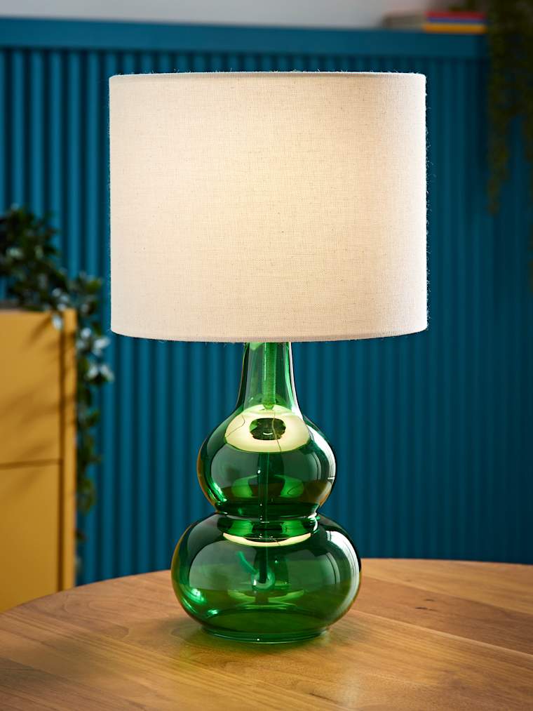 Green Bubble Glass Table Lamp with Linen Shade