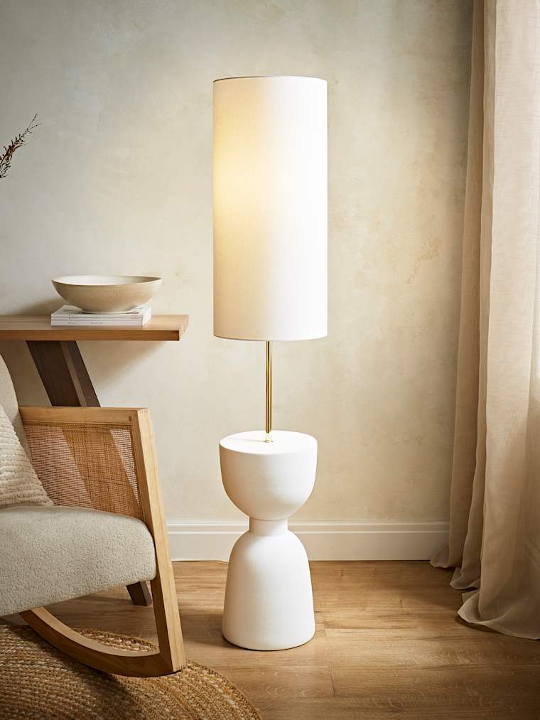 Hand-Finished Totem Table Base Floor Lamp with Linen Shade