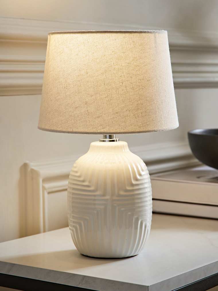 Small White Geo Ribbed Gloss Table Lamp