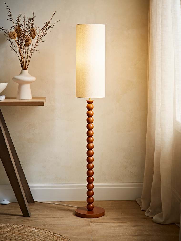 Wooden Bobbin Floor Lamp with Tall Linen Shade