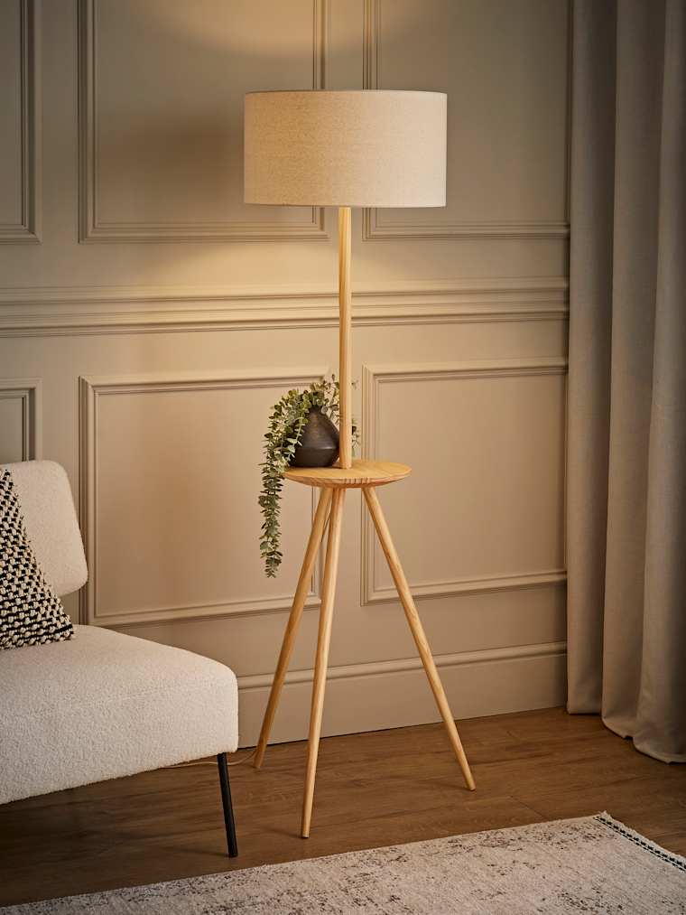 Light Wooden Tripod Floor Lamp with Table