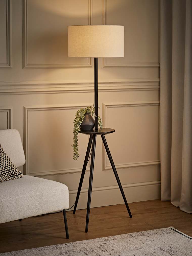 Black Wooden Tripod Floor Lamp with Table