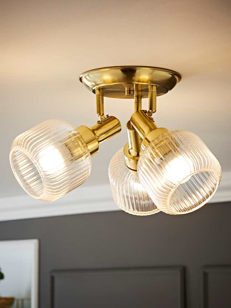 Antique Brass Ceiling Spotlight with Clear Ribbed Glass Shades