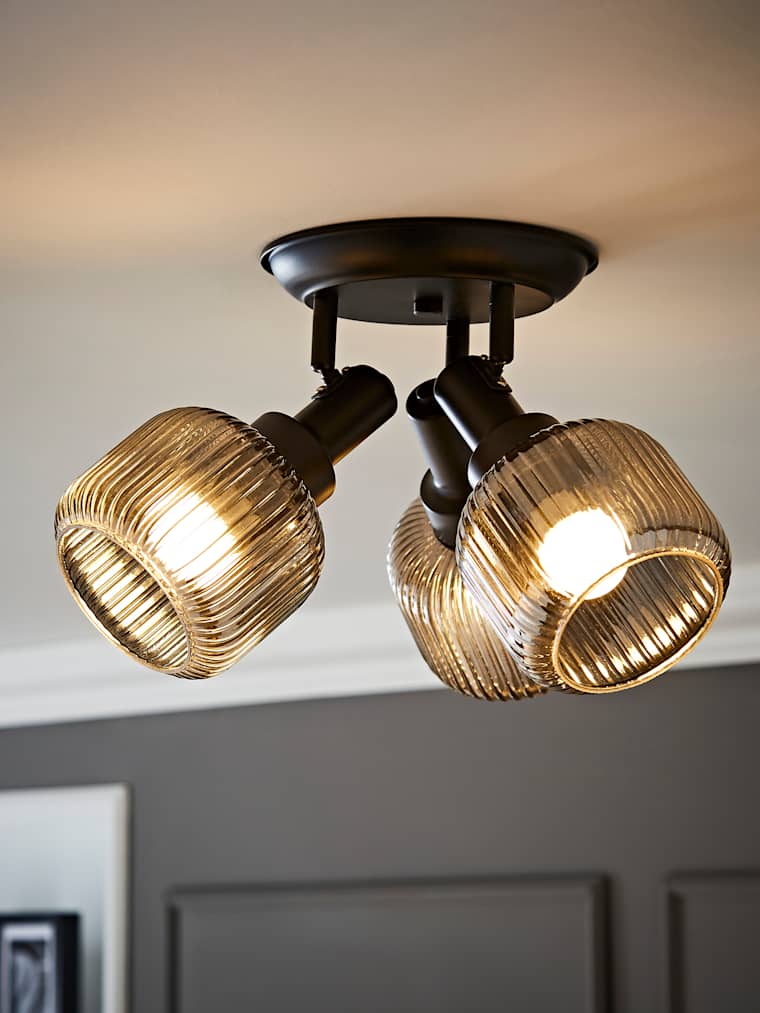 Matte Black Ceiling Spotlight with Smoked Ribbed Glass Shades
