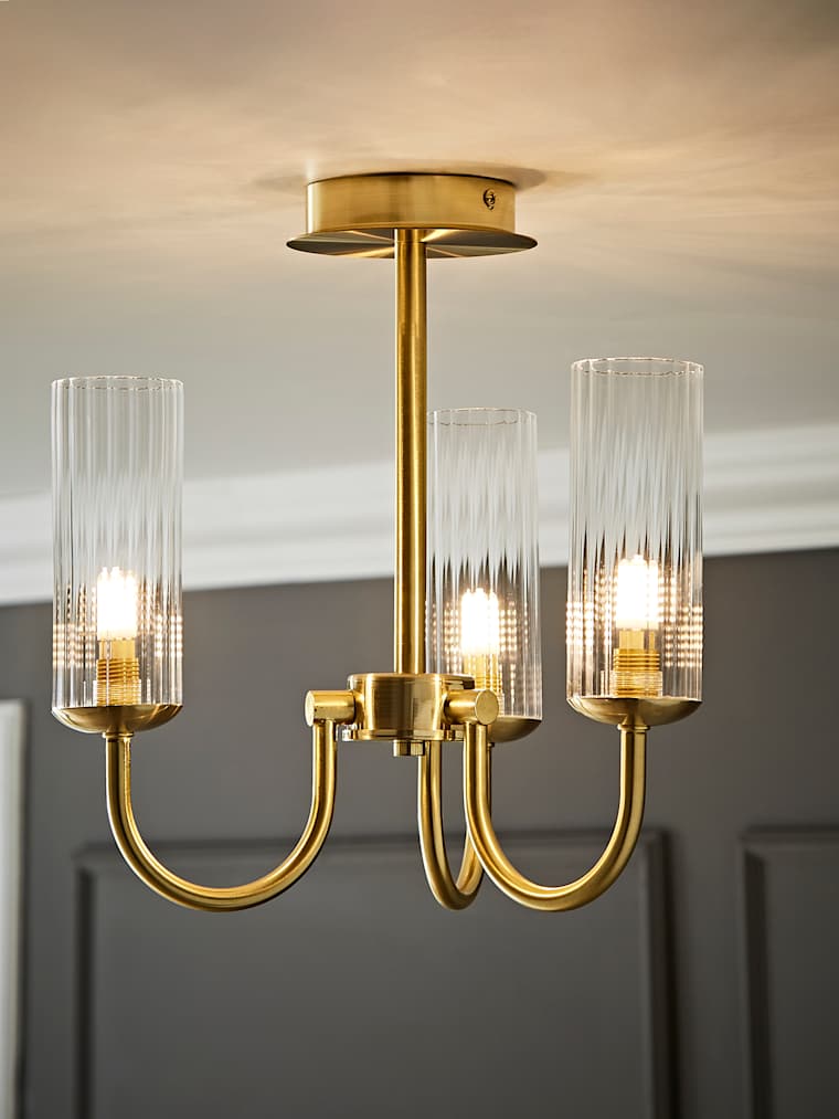Brushed Gold Ribbed Glass Chandelier Ceiling Light