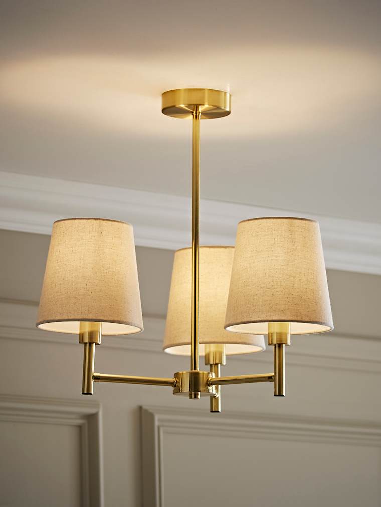 3 Arm Brushed Gold Chandelier Ceiling Light with White Shades