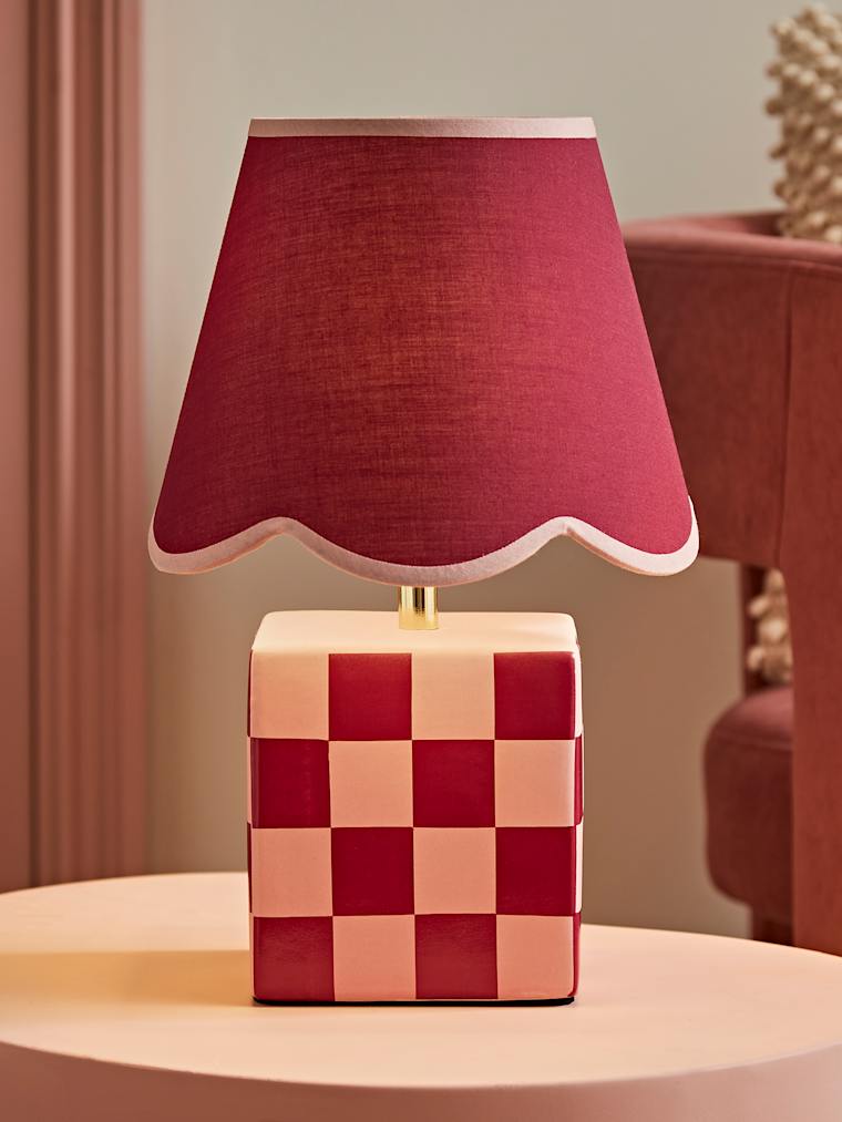 Burgundy Ceramic Checkerboard Table Lamp with Scalloped Shade