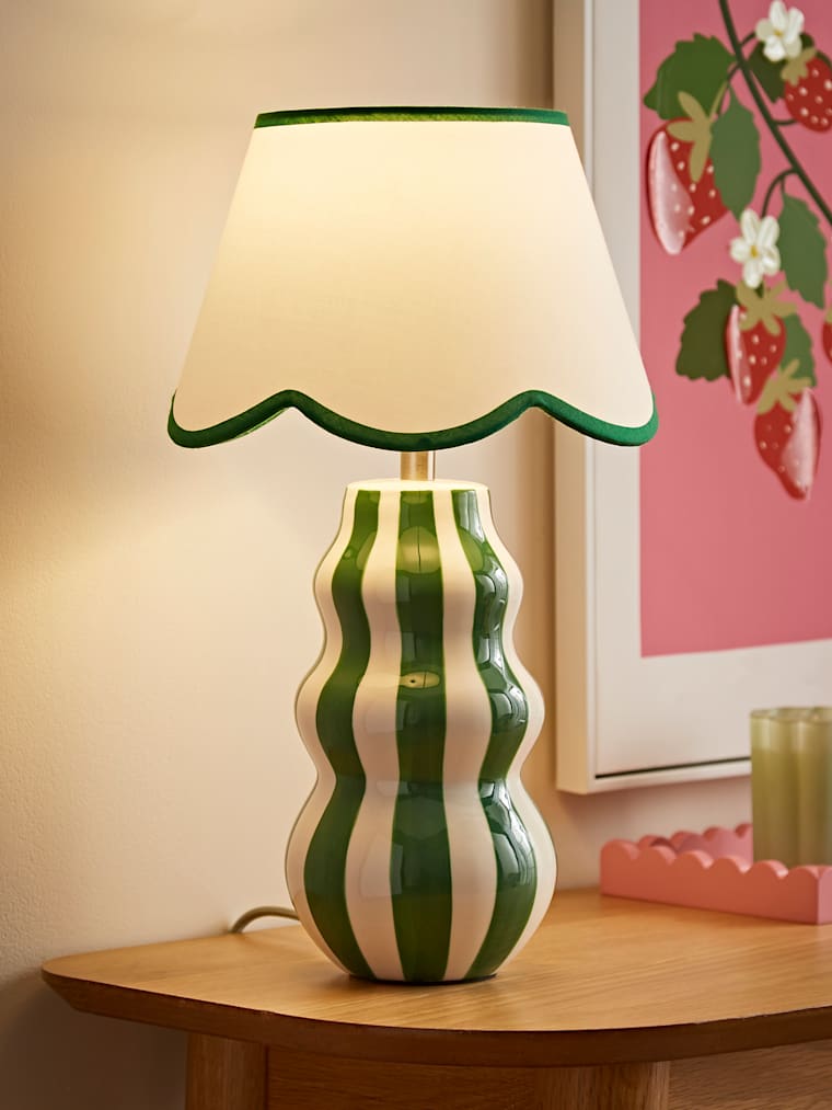 Green Stripe Ceramic Table Lamp with Scalloped Shade