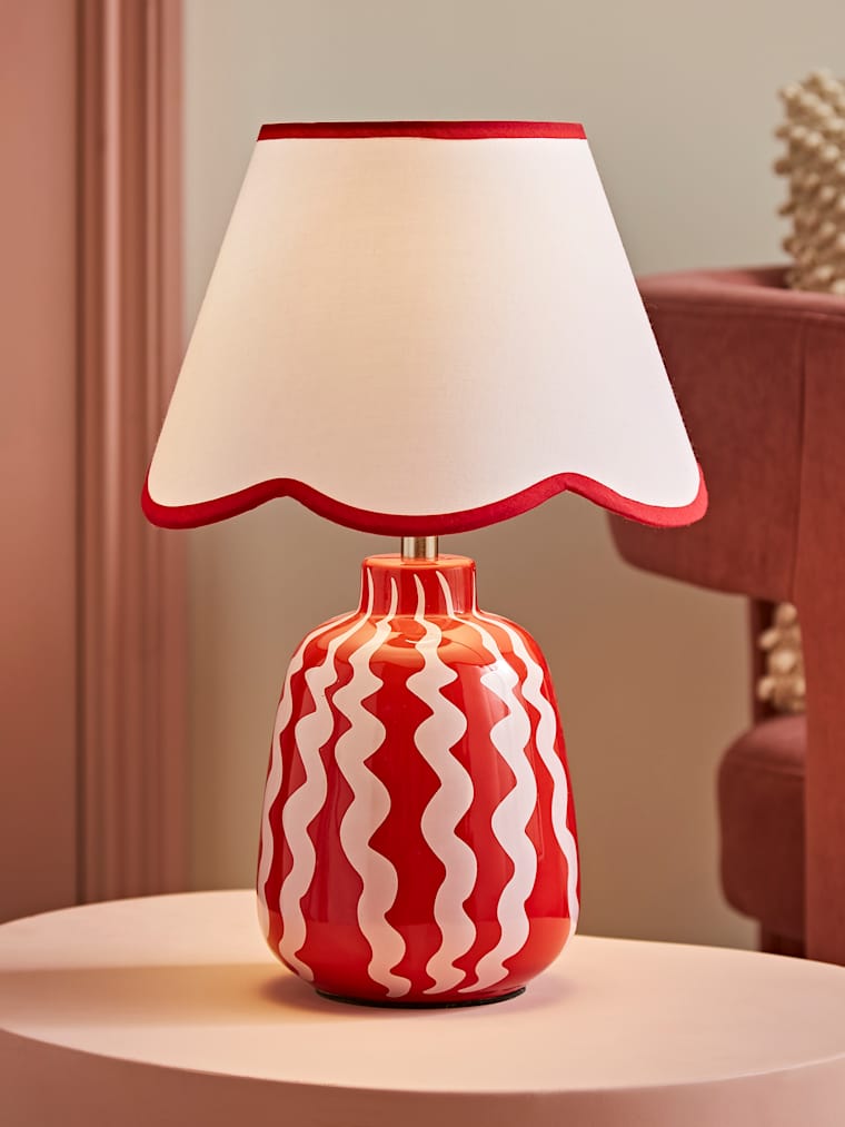 Pink And Red Wiggle Stripe Table Lamp with Pink Scalloped Shade