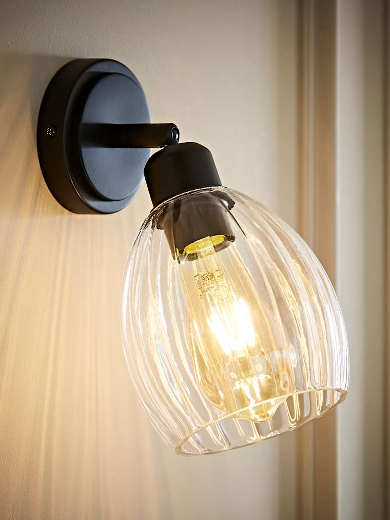 Matte Black and Ribbed Glass Dome Adjustable Wall Light