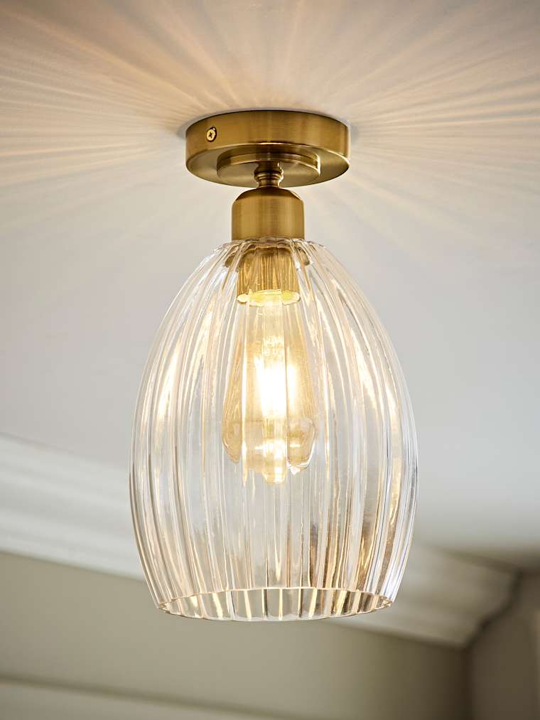 Brushed Gold Ribbed Glass Dome Semi Flush Ceiling Light