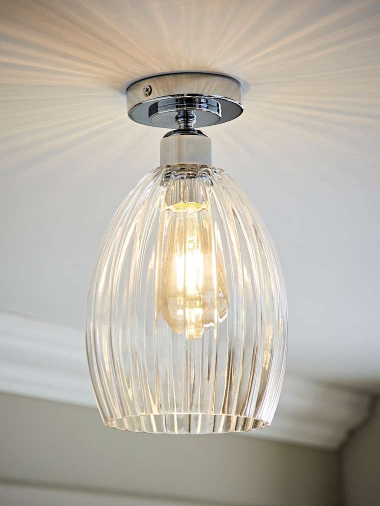 Polished Chrome Ribbed Glass Dome Semi Flush Ceiling Light