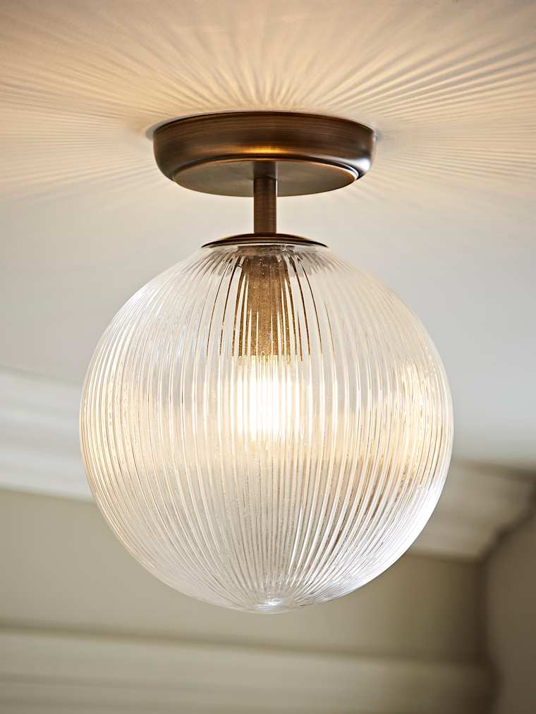 Brushed Brass and Ribbed Glass Globe Ceiling Light