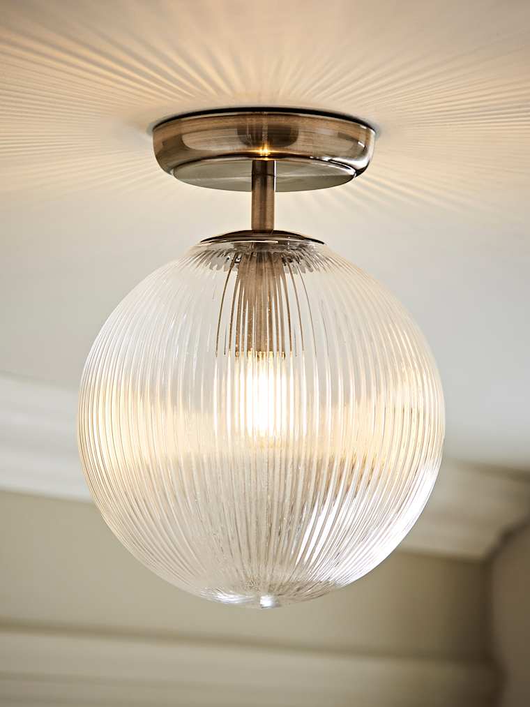 Brushed Chrome Ribbed Glass Globe Semi Flush Ceiling Light