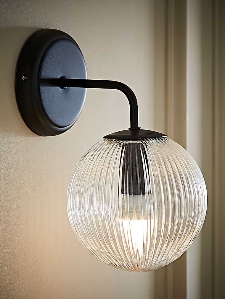Matte Black and Ribbed Glass Globe Wall Light