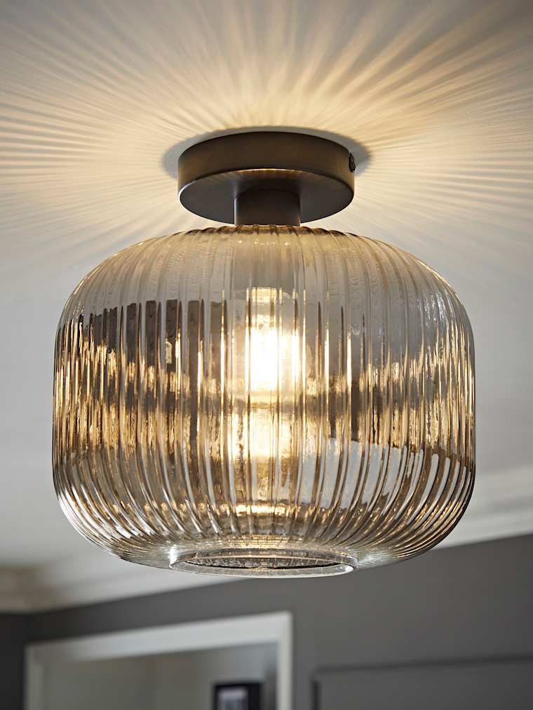 Black Ribbed Glass Semi Flush Ceiling Light