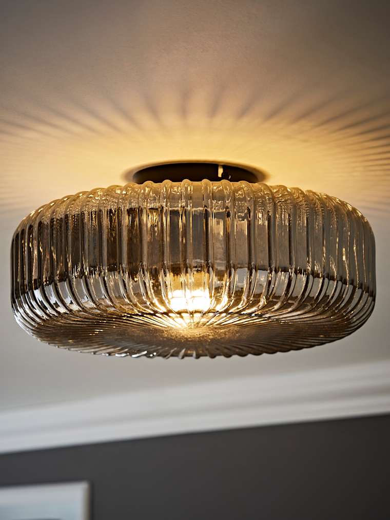 Black Ribbed Glass Flush Ceiling Light