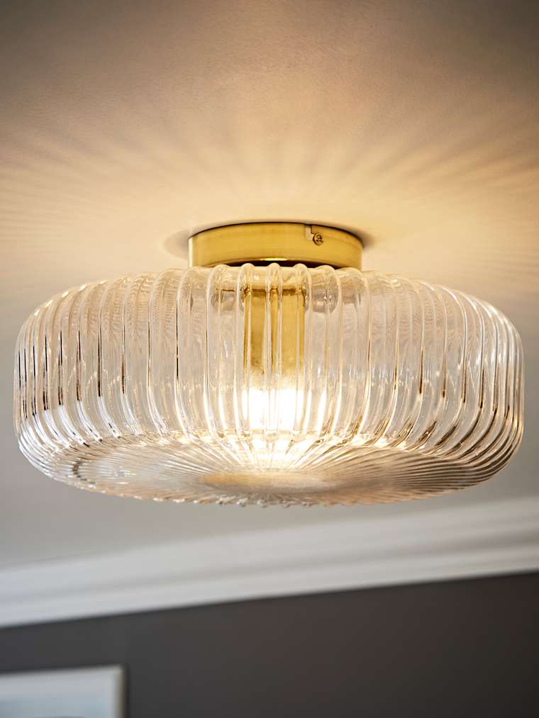 Large Antique Brass and Ribbed Glass Flush Ceiling Light
