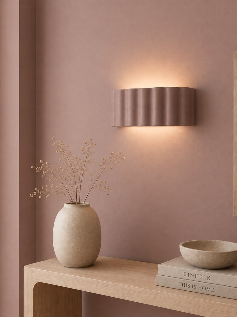 Muted Pink Ribbed Ceramic Flush Wall Light