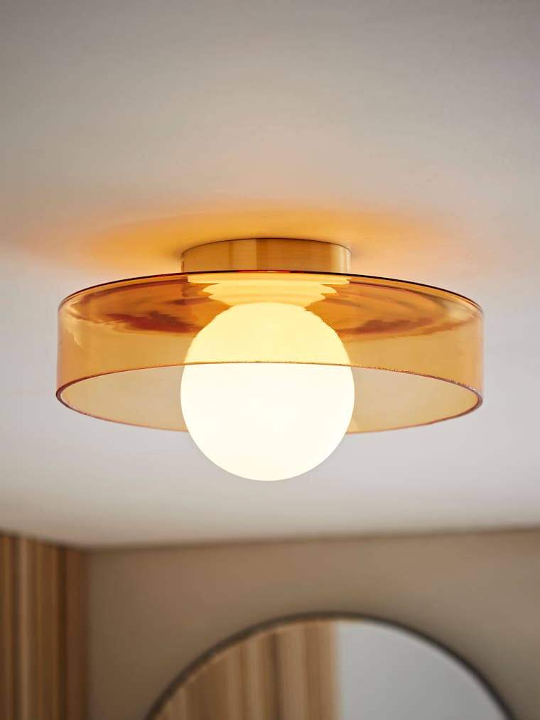 Orange IP44 Glass Dish Flush Ceiling Light with Frosted Globe Shade