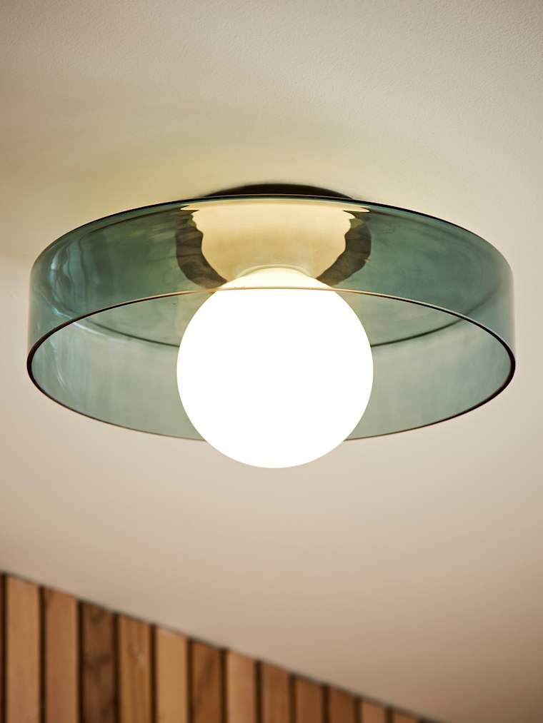 Forest Green IP44 Glass Dish Flush Ceiling Light with Frosted Globe Shade